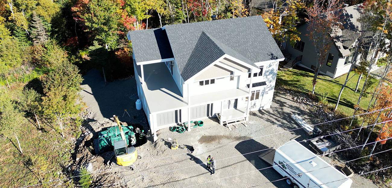 Drone shot of an Ecoflo septic system installation on a small lot in Pennsylvania.