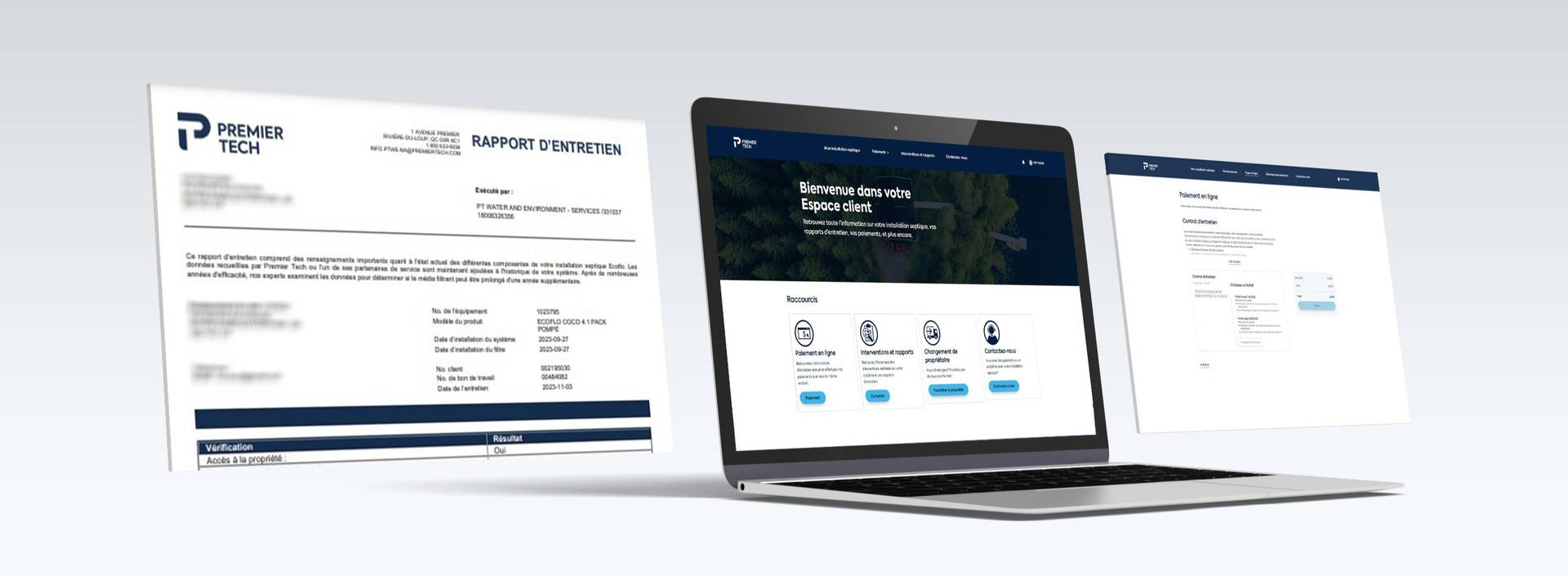 Différents écrans de l'Espace client de Premier Tech Eau et Environnement sur ordinateur.