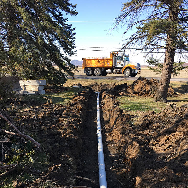 Septic installation on a narrow lot with mature trees.